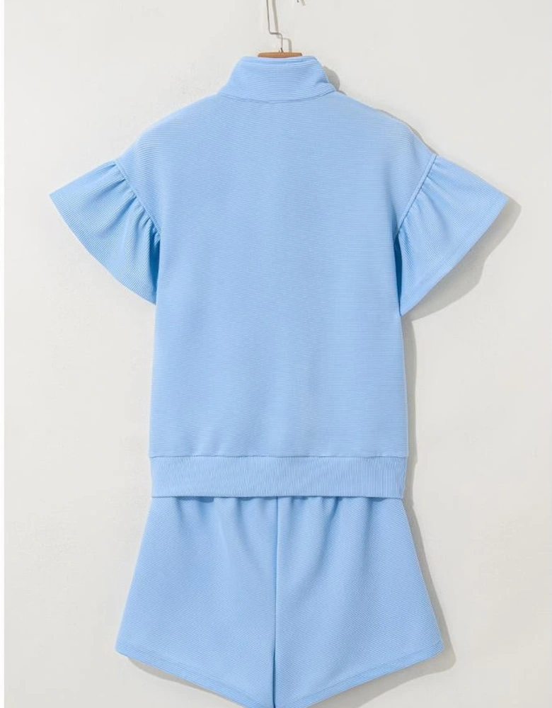 Beau Blue Ribbed Texture Half Zip Ruffled Short Sleeve Top and Shorts Set