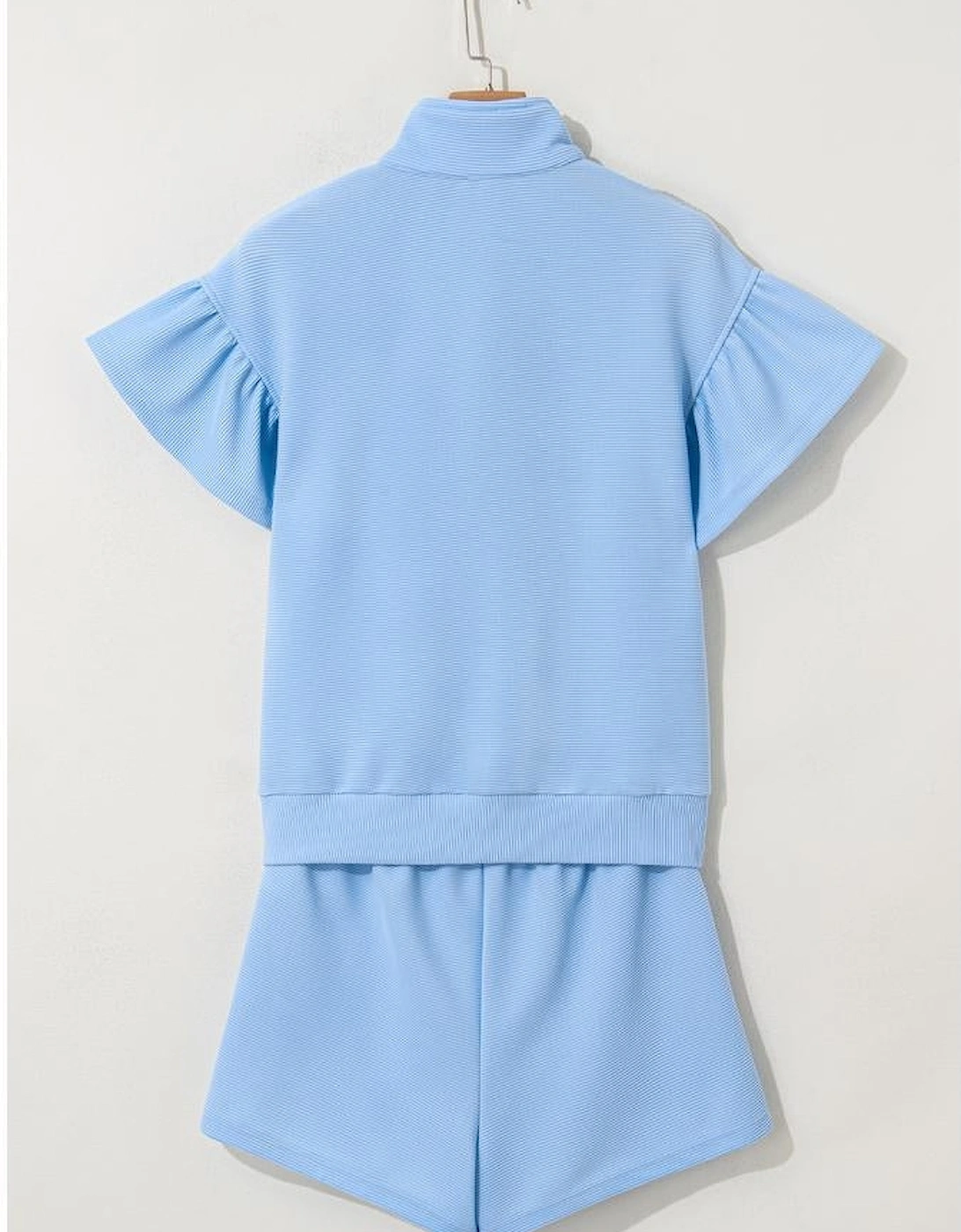 Beau Blue Ribbed Texture Half Zip Ruffled Short Sleeve Top and Shorts Set