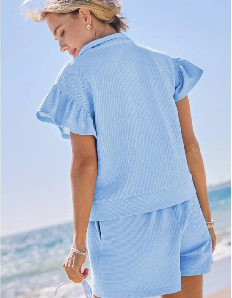 Beau Blue Ribbed Texture Half Zip Ruffled Short Sleeve Top and Shorts Set