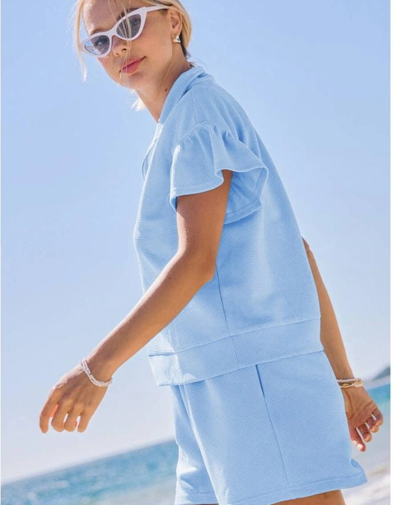 Beau Blue Ribbed Texture Half Zip Ruffled Short Sleeve Top and Shorts Set