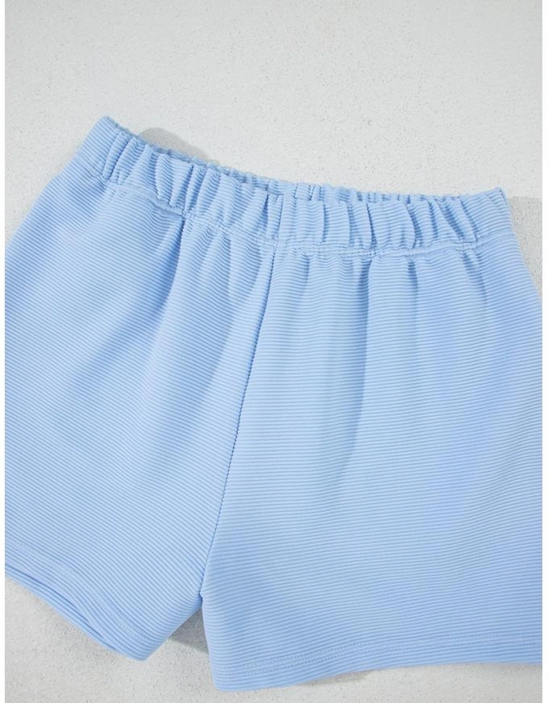 Beau Blue Ribbed Texture Half Zip Ruffled Short Sleeve Top and Shorts Set
