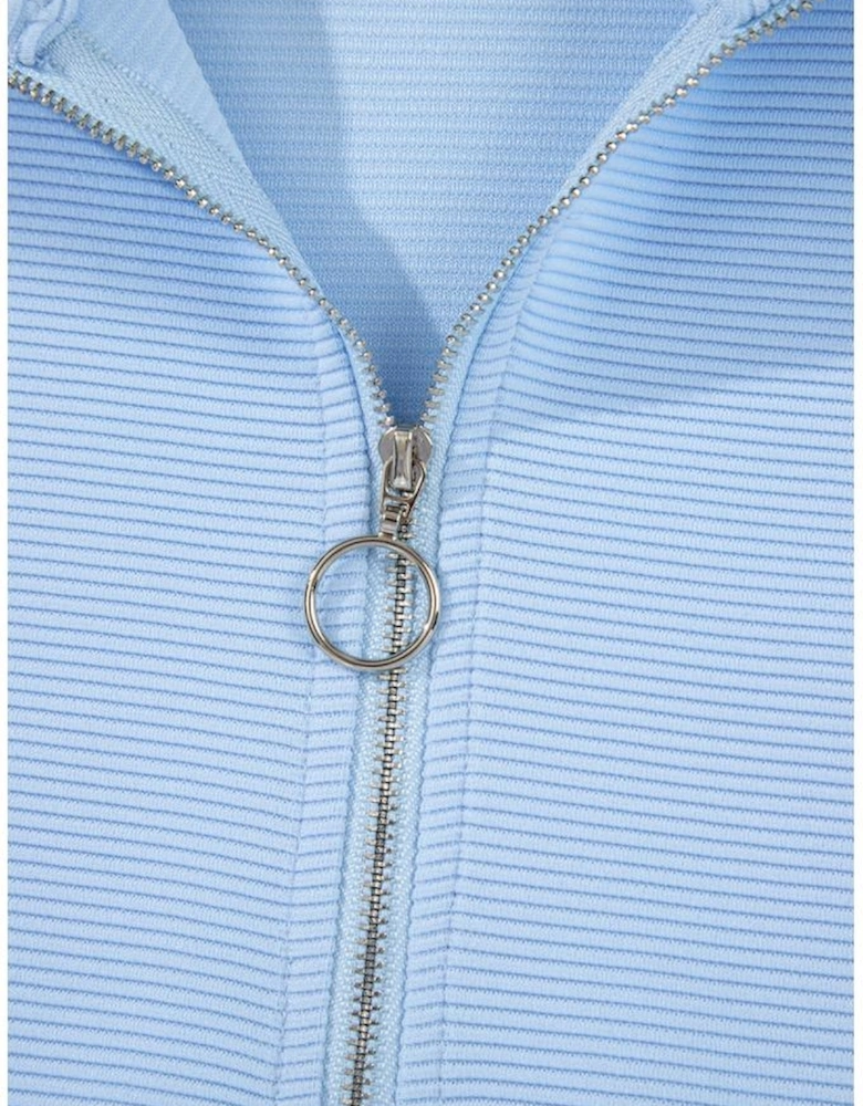 Beau Blue Ribbed Texture Half Zip Ruffled Short Sleeve Top and Shorts Set