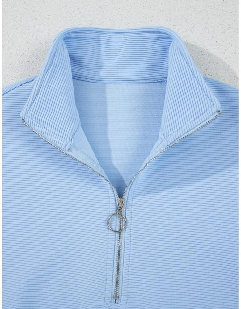 Beau Blue Ribbed Texture Half Zip Ruffled Short Sleeve Top and Shorts Set