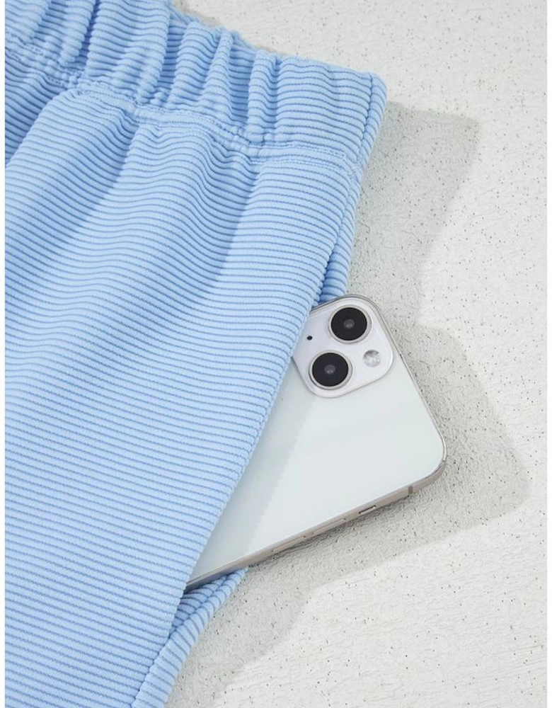 Beau Blue Ribbed Texture Half Zip Ruffled Short Sleeve Top and Shorts Set