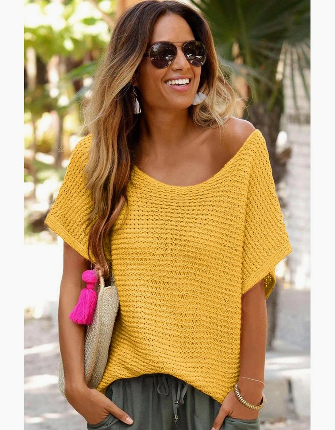 Ginger Solid Loose Knit Short Dolman Sleeve Sweater