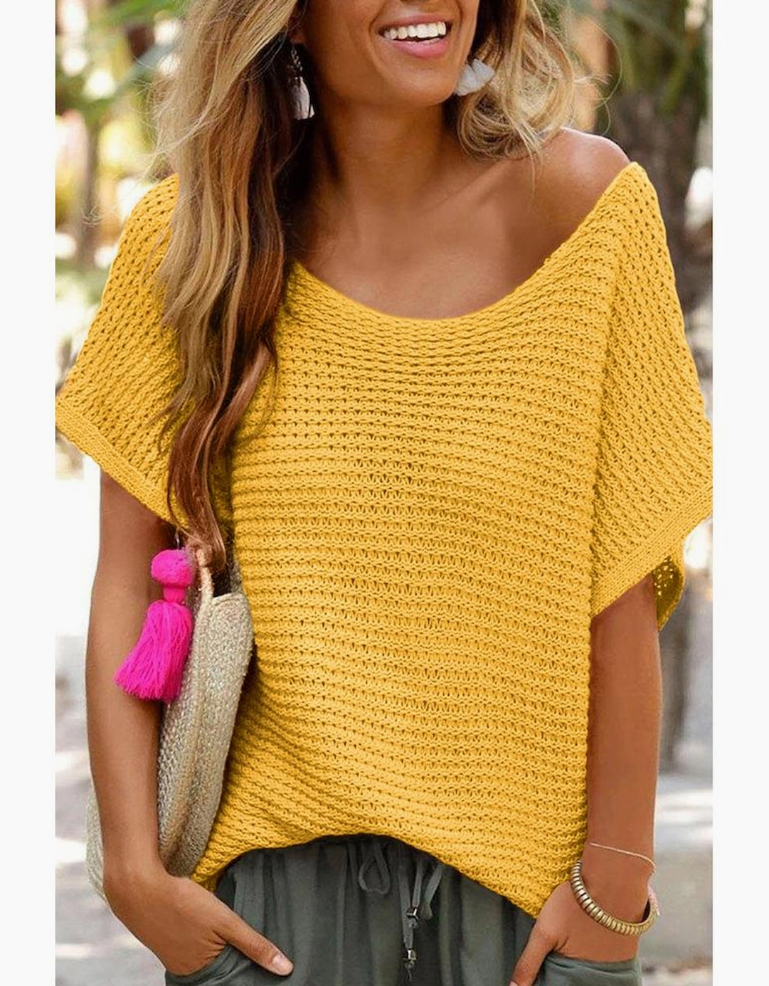 Ginger Solid Loose Knit Short Dolman Sleeve Sweater