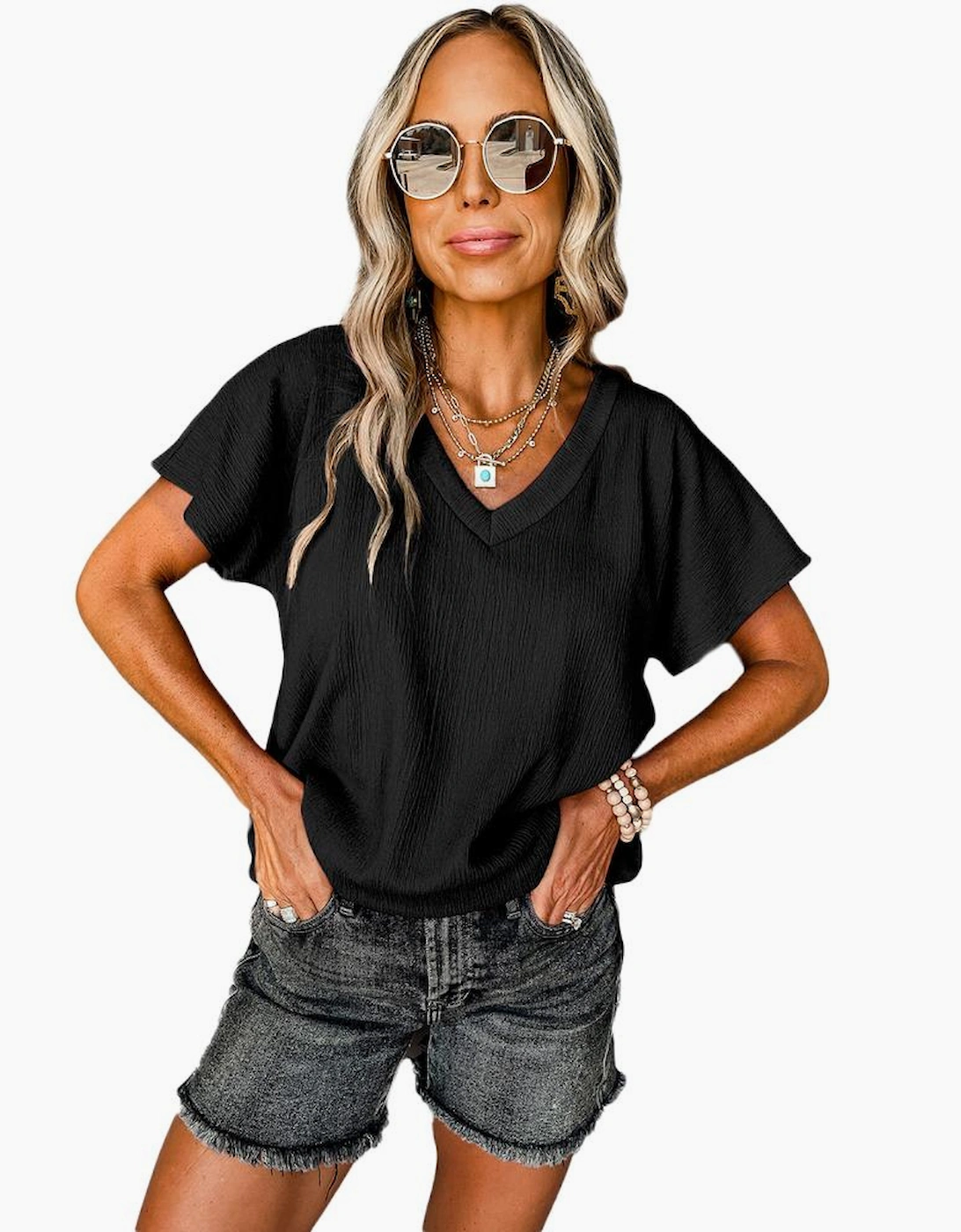 Black Crinkled V Neck Wide Sleeve T-shirt, 6 of 5