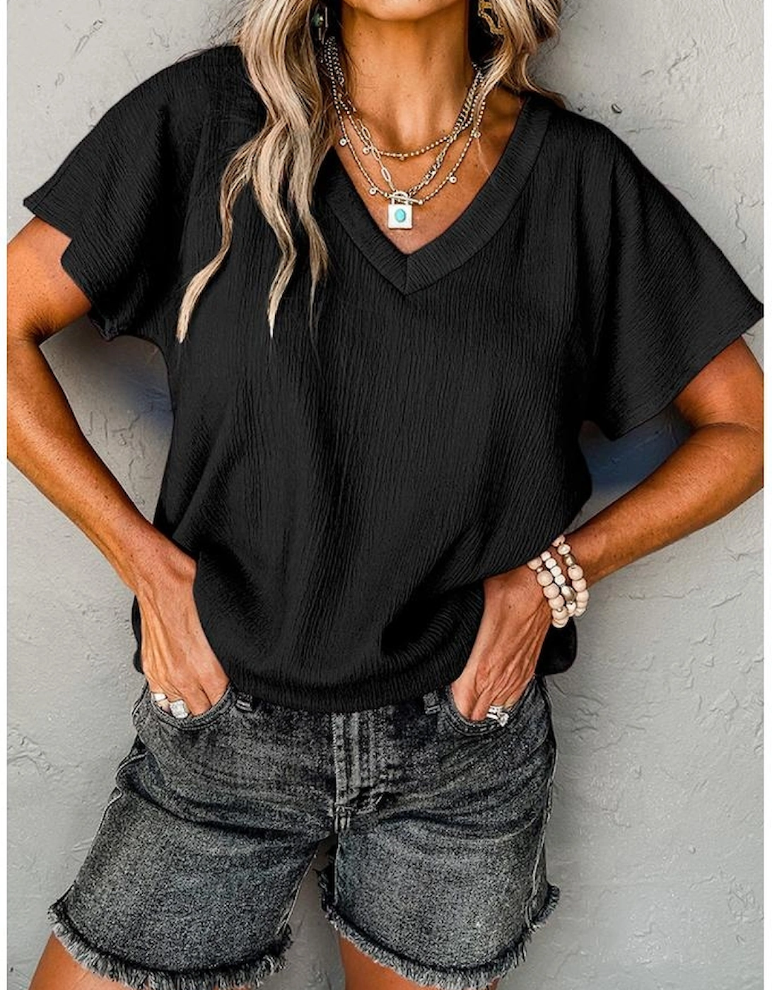Black Crinkled V Neck Wide Sleeve T-shirt
