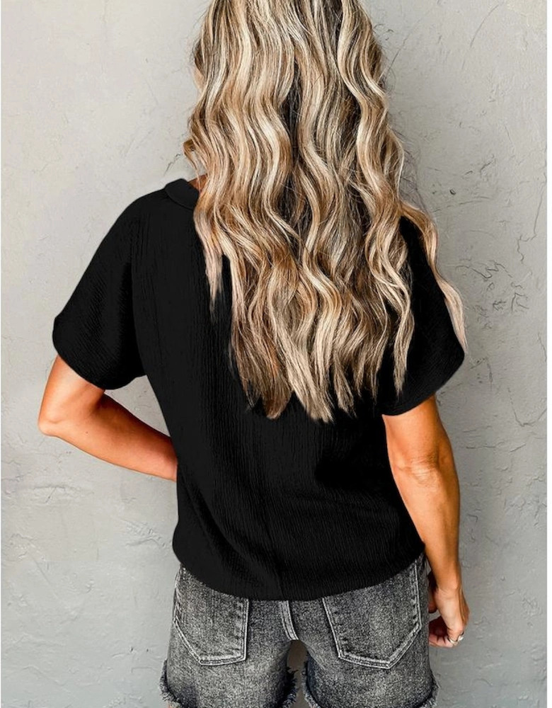Black Crinkled V Neck Wide Sleeve T-shirt