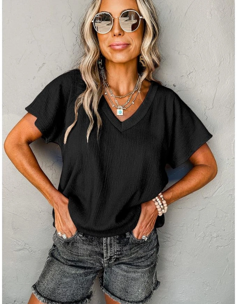 Black Crinkled V Neck Wide Sleeve T-shirt
