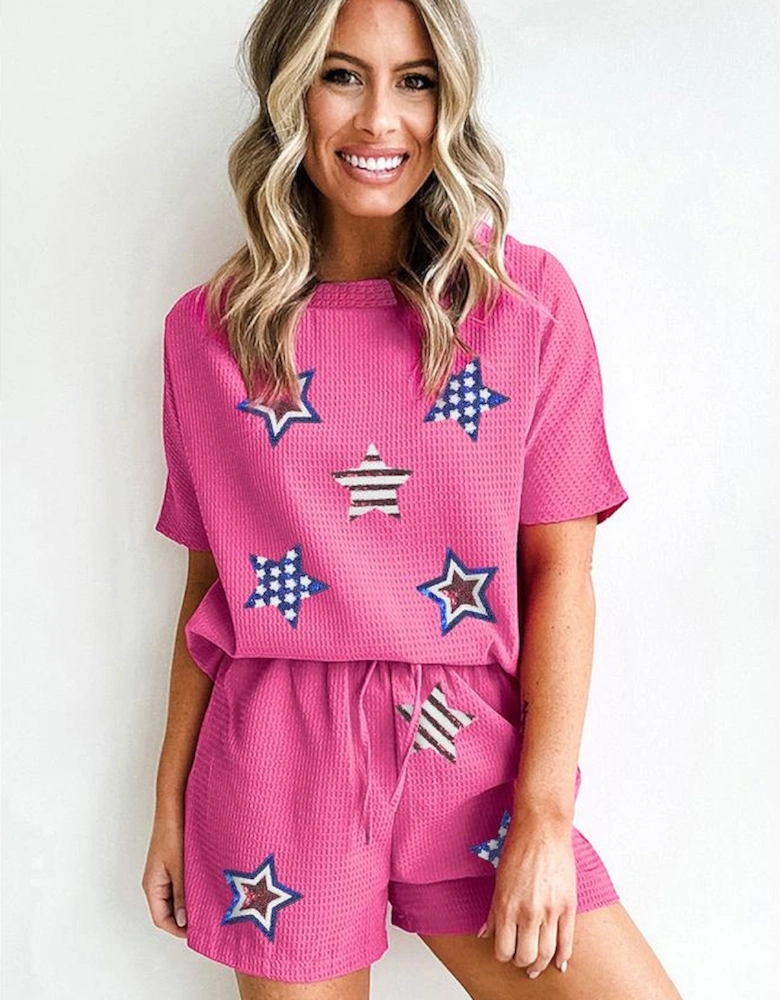 Rose Red Waffle Sequin American Flag Star Graphic 2 Piece Shorts Set