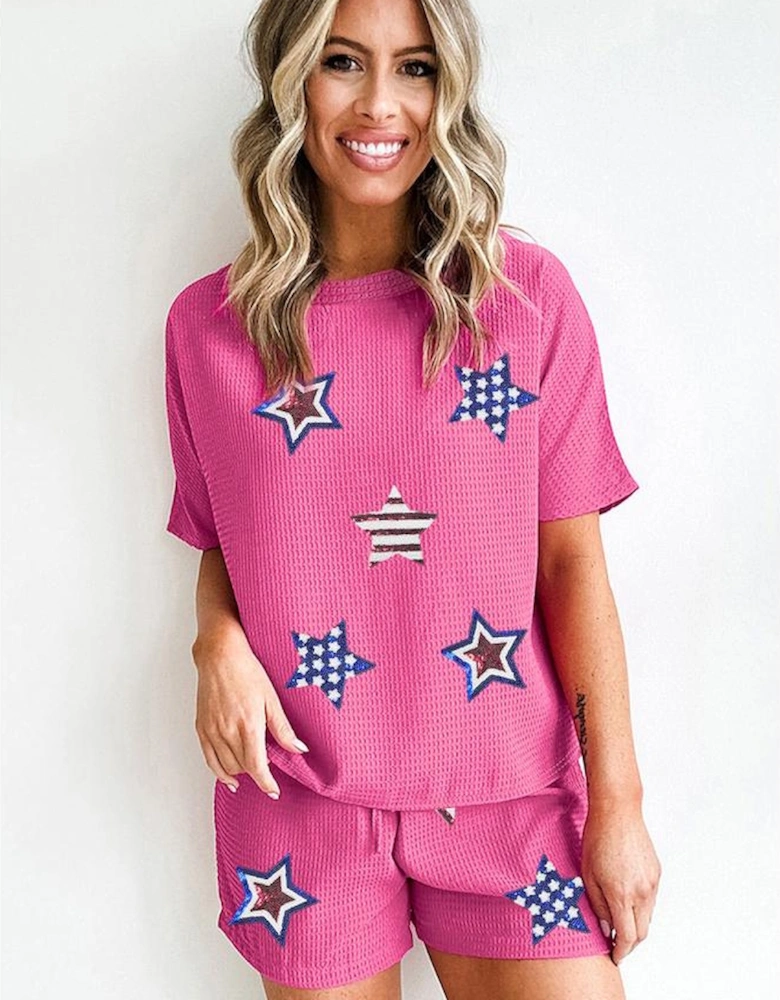 Rose Red Waffle Sequin American Flag Star Graphic 2 Piece Shorts Set