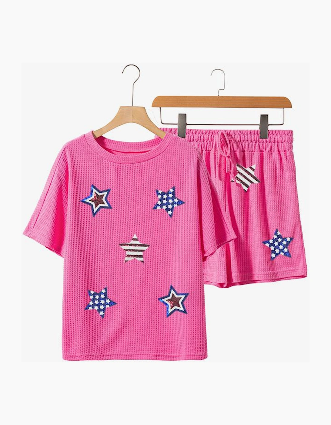 Rose Red Waffle Sequin American Flag Star Graphic 2 Piece Shorts Set