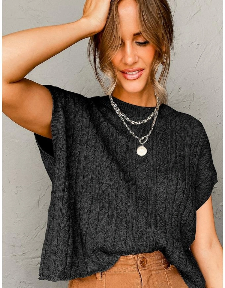 Black Crew Neck Cable Knit Short Sleeve Sweater