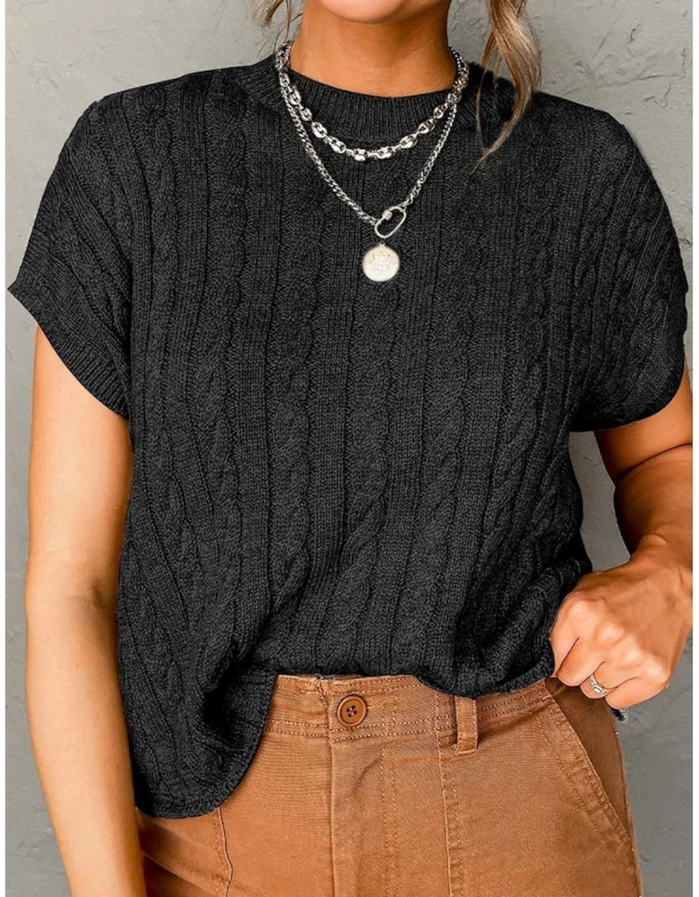 Black Crew Neck Cable Knit Short Sleeve Sweater