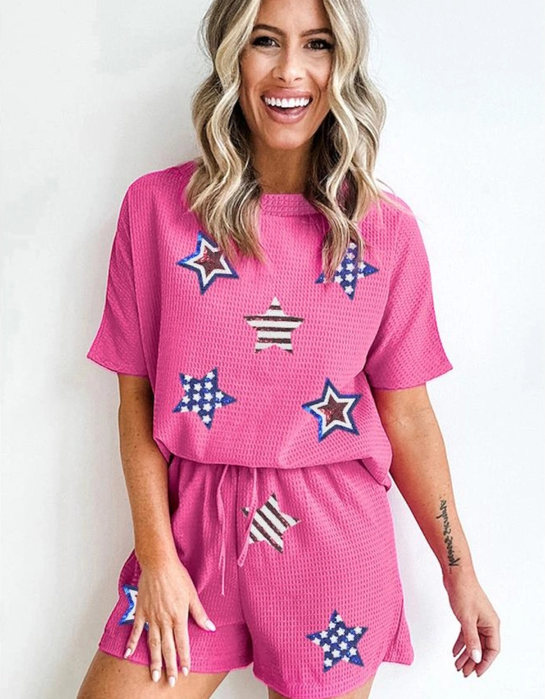 Rose Red Waffle Sequin American Flag Star Graphic 2 Piece Shorts Set