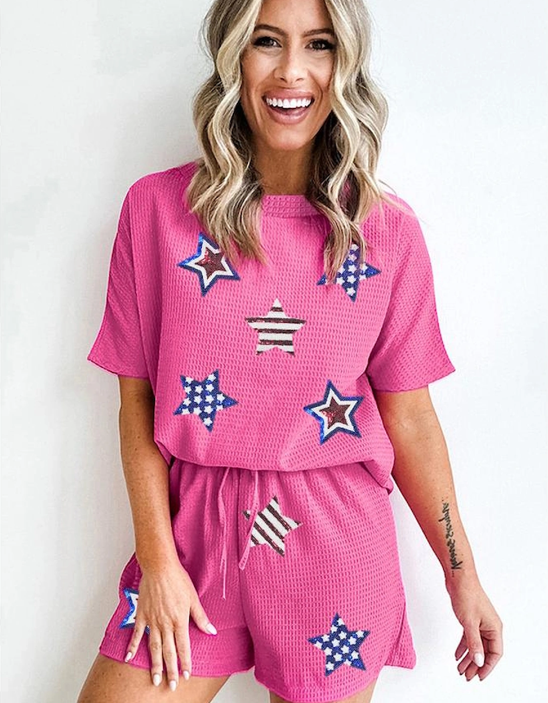Rose Red Waffle Sequin American Flag Star Graphic 2 Piece Shorts Set