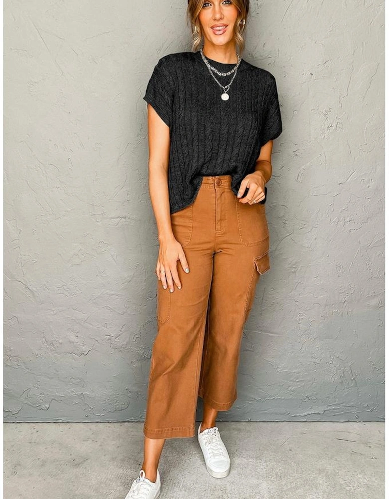 Black Crew Neck Cable Knit Short Sleeve Sweater