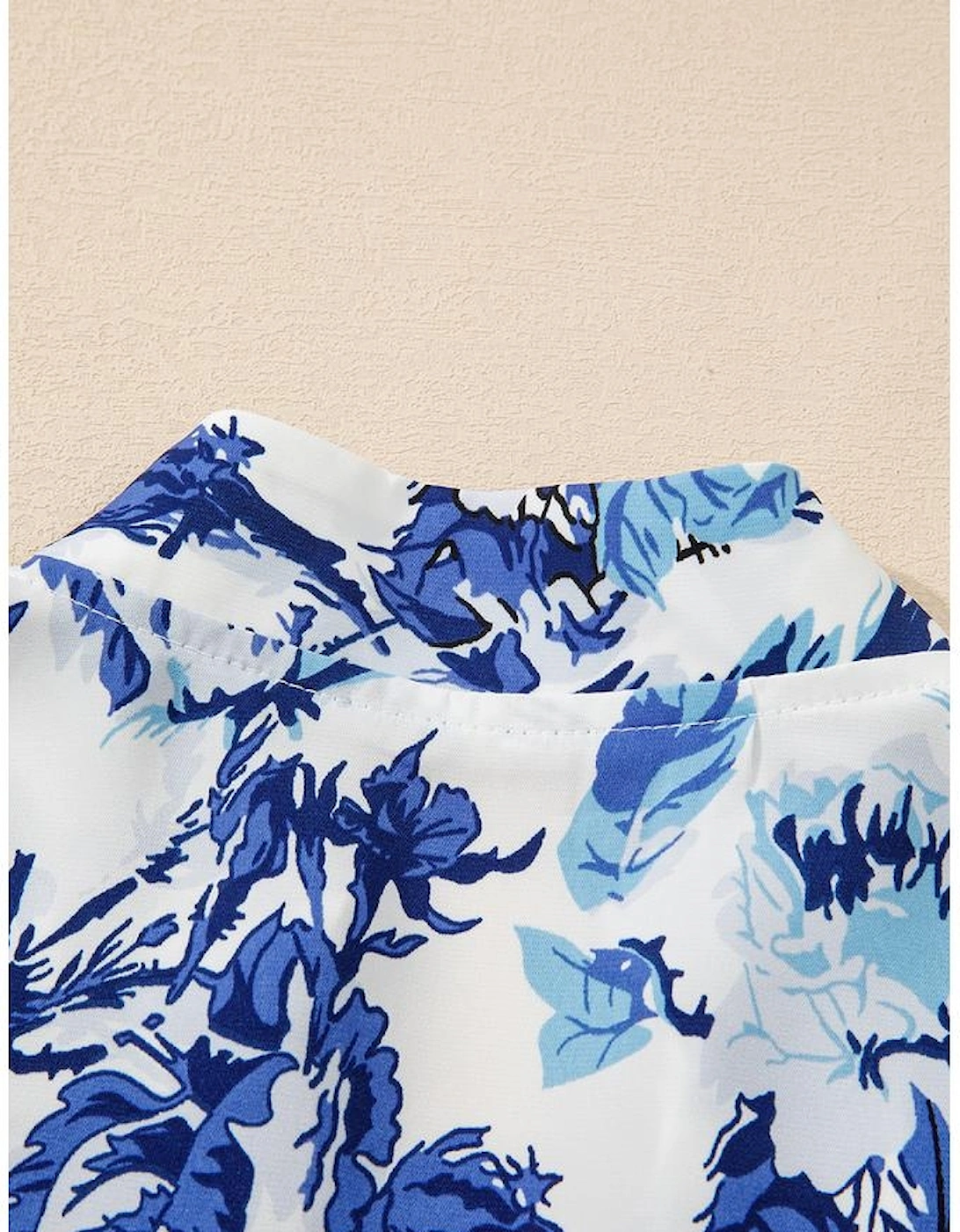 Sky Blue Floral Print Notched Neck Elegant Blouse