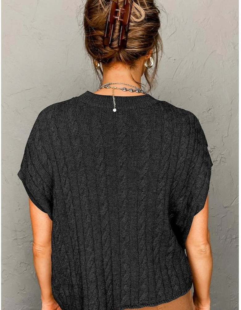 Black Crew Neck Cable Knit Short Sleeve Sweater