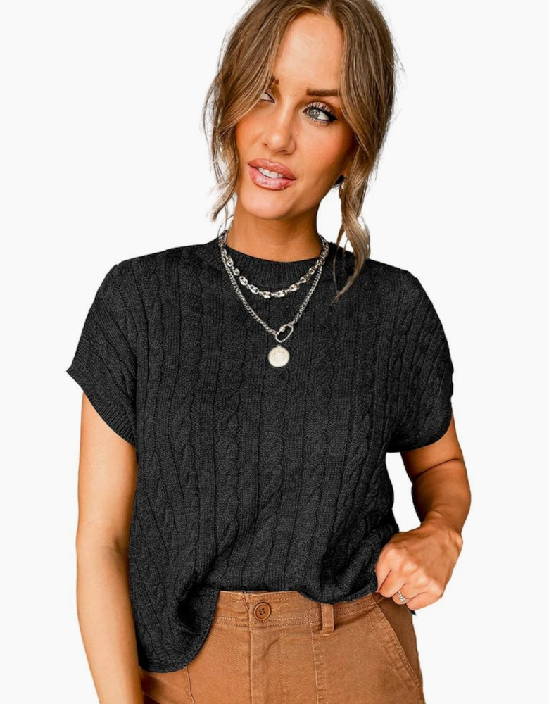 Black Crew Neck Cable Knit Short Sleeve Sweater