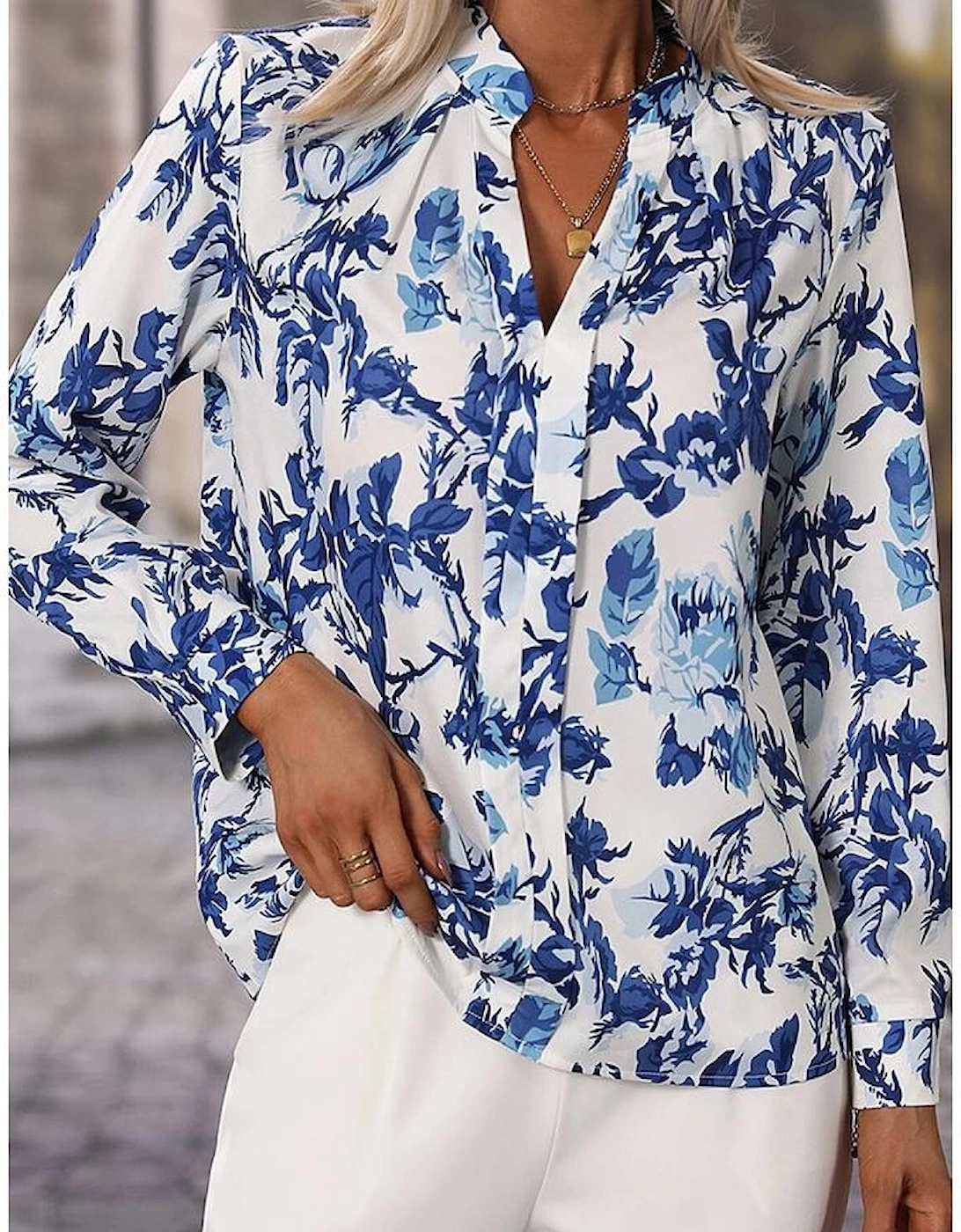 Sky Blue Floral Print Notched Neck Elegant Blouse