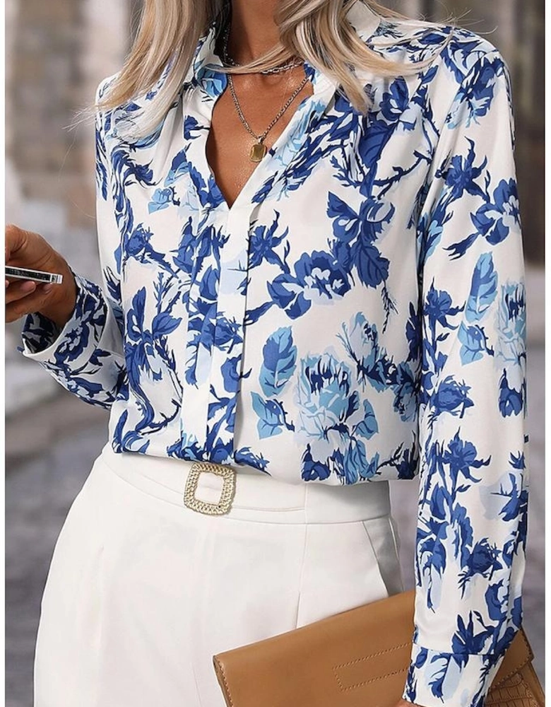 Sky Blue Floral Print Notched Neck Elegant Blouse