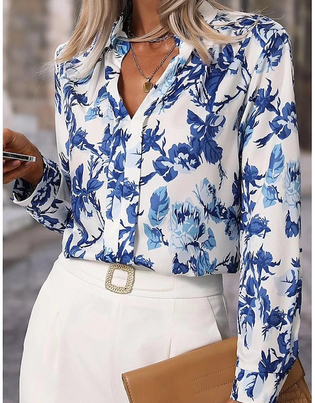 Sky Blue Floral Print Notched Neck Elegant Blouse