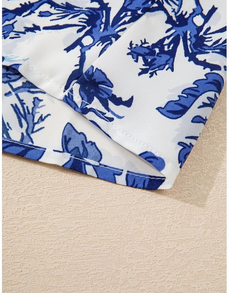 Sky Blue Floral Print Notched Neck Elegant Blouse