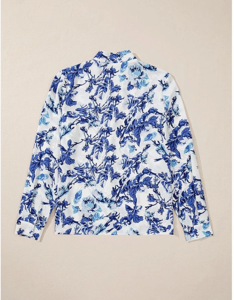Sky Blue Floral Print Notched Neck Elegant Blouse