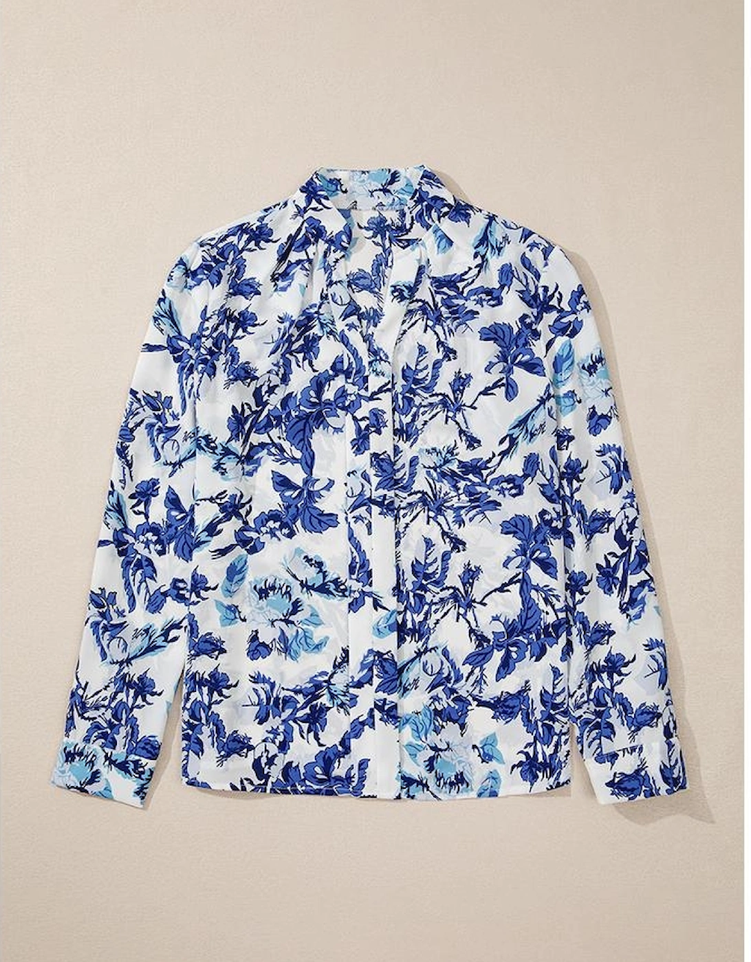 Sky Blue Floral Print Notched Neck Elegant Blouse
