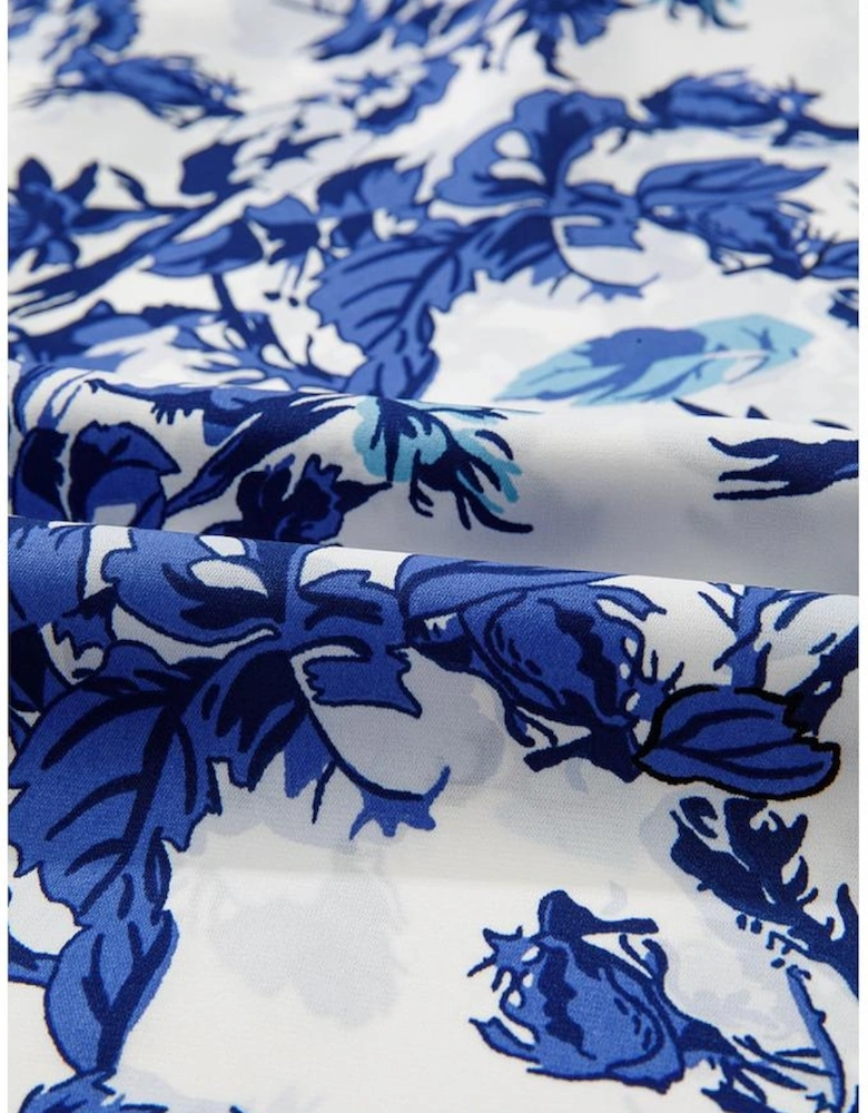 Sky Blue Floral Print Notched Neck Elegant Blouse