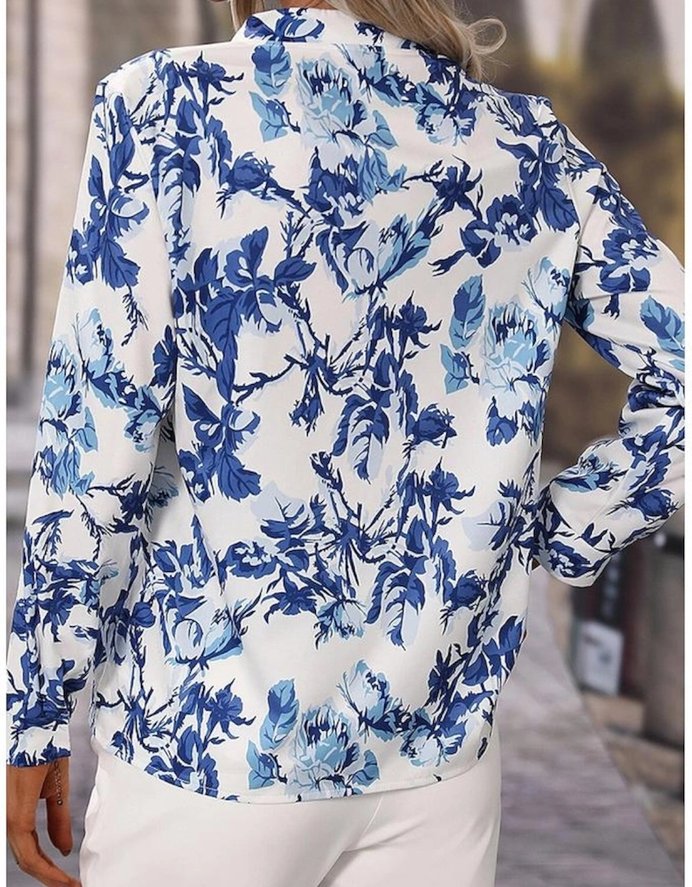 Sky Blue Floral Print Notched Neck Elegant Blouse