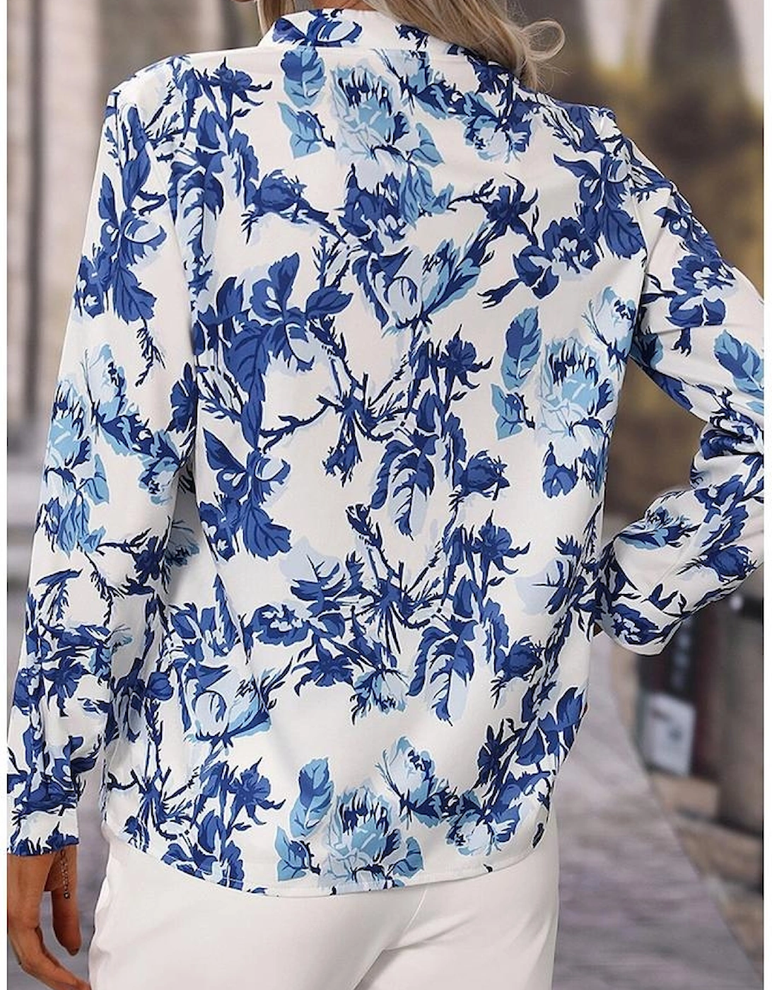Sky Blue Floral Print Notched Neck Elegant Blouse