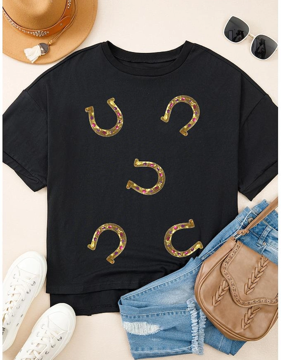 Black Western Shiny Horseshoes Pattern High Low Hem Casual T Shirt, 12 of 11
