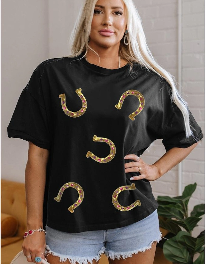 Black Western Shiny Horseshoes Pattern High Low Hem Casual T Shirt