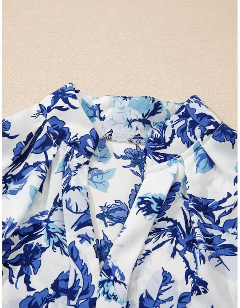 Sky Blue Floral Print Notched Neck Elegant Blouse