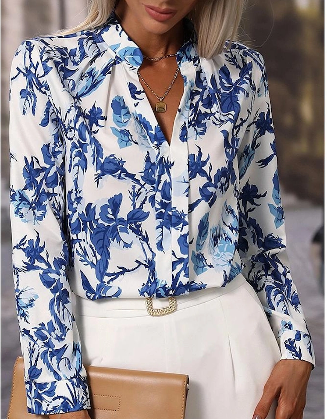 Sky Blue Floral Print Notched Neck Elegant Blouse