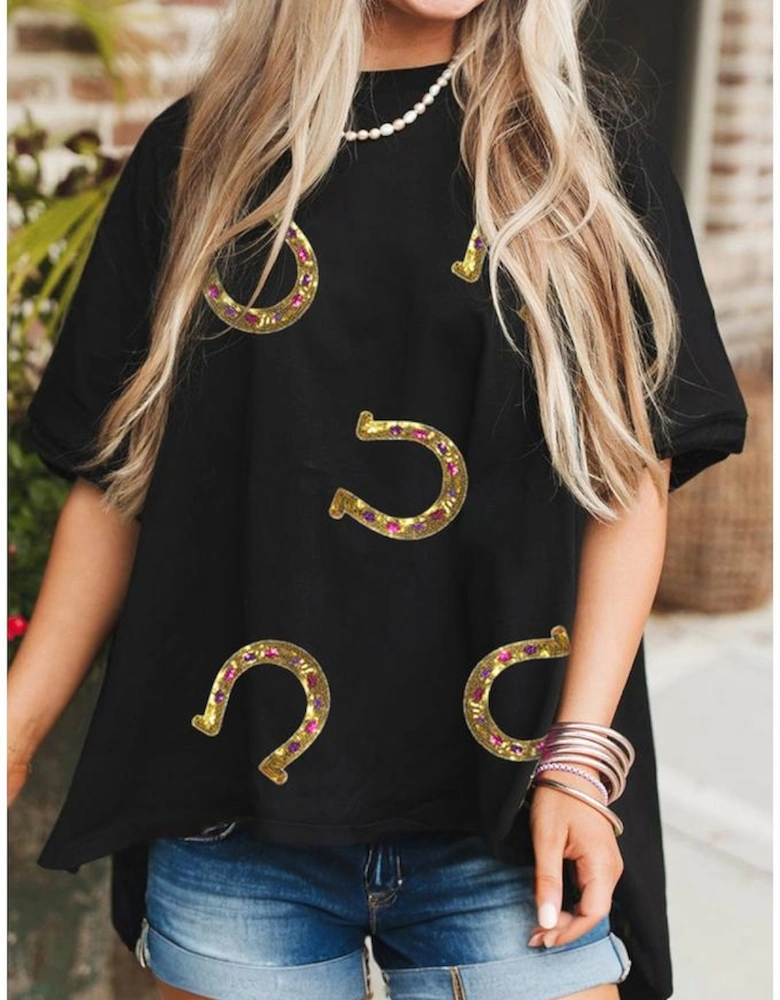 Black Western Shiny Horseshoes Pattern High Low Hem Casual T Shirt