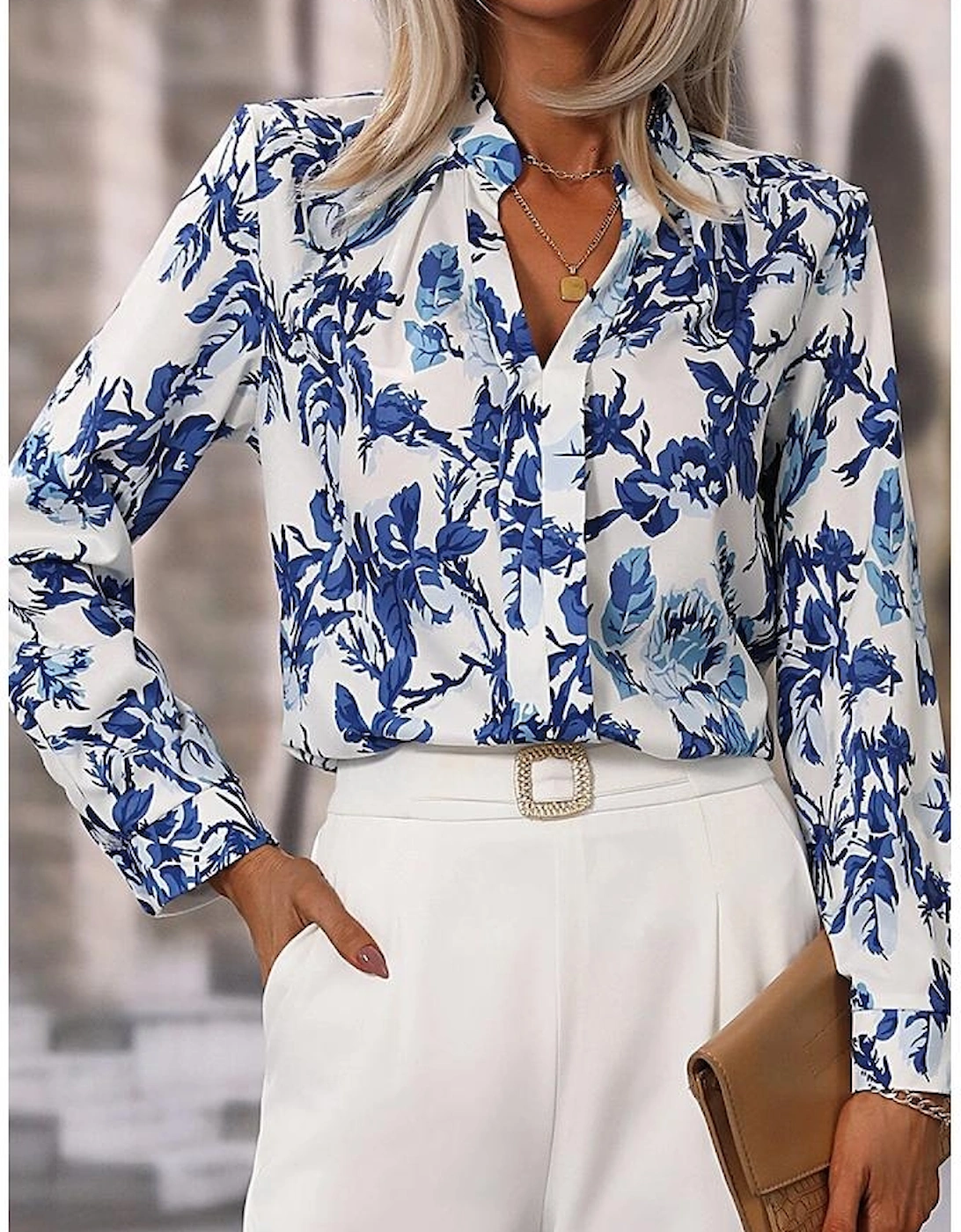 Sky Blue Floral Print Notched Neck Elegant Blouse