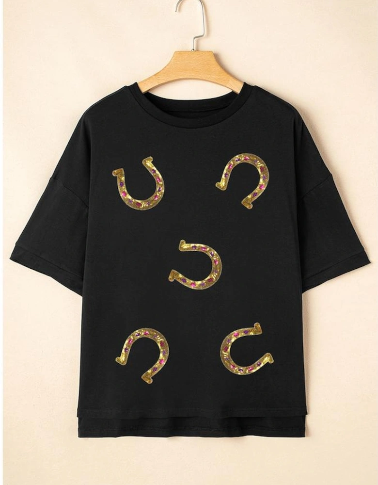 Black Western Shiny Horseshoes Pattern High Low Hem Casual T Shirt