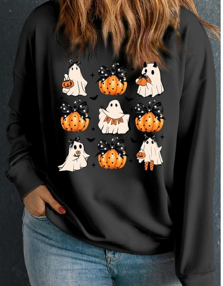 Black Halloween Polka Dot Pumpkin Ghost Print Plus Sweatshirt
