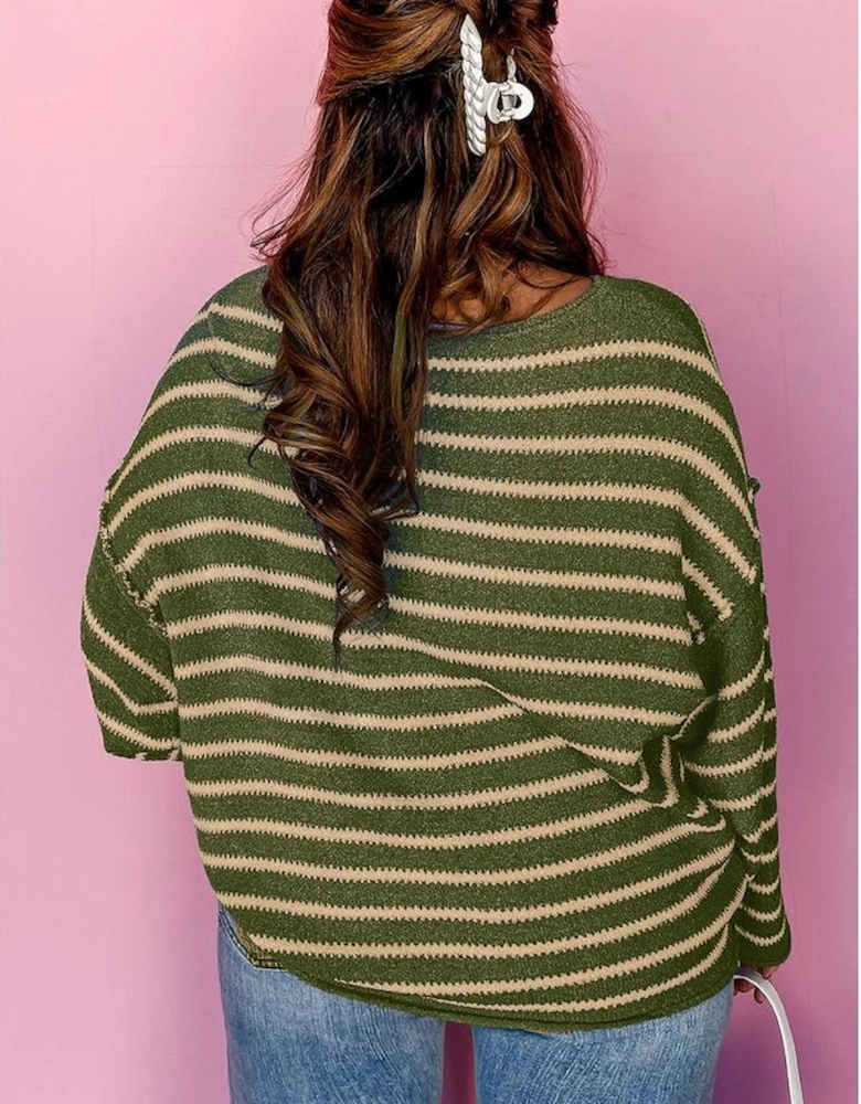 Green Stripe Drop Shoulder Casual Sweater