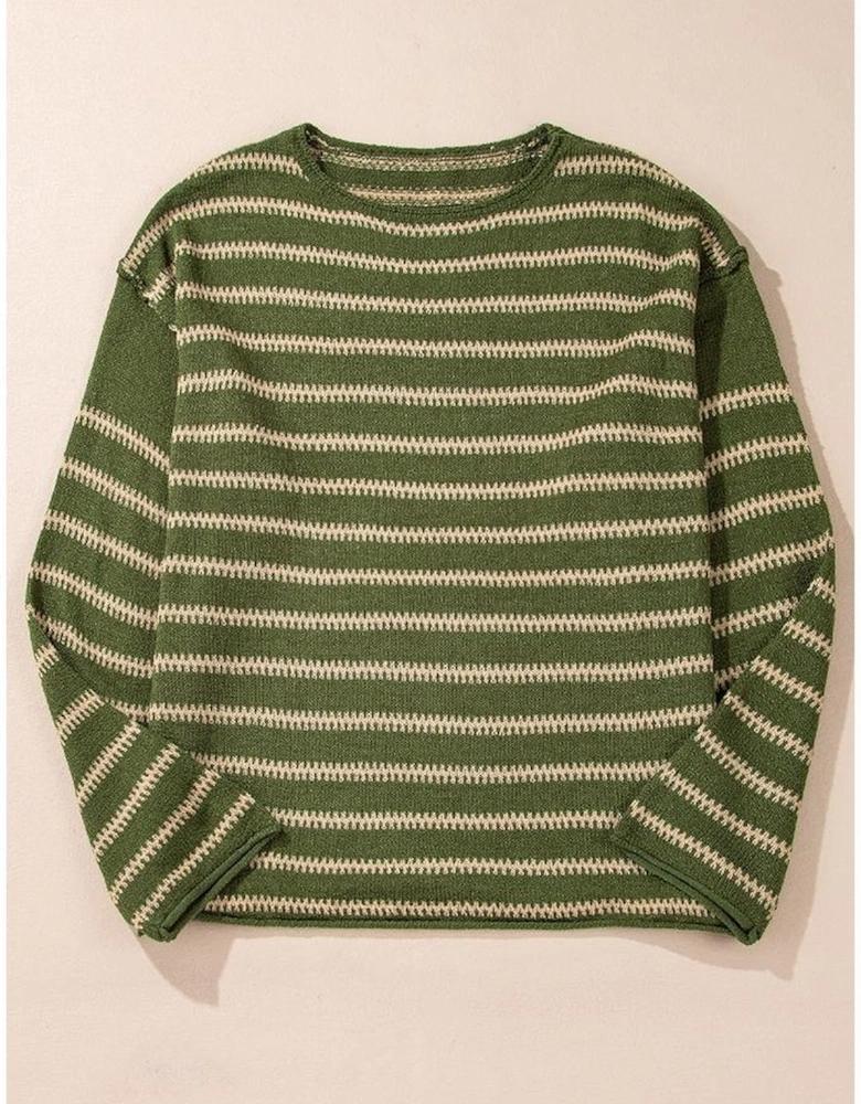 Green Stripe Drop Shoulder Casual Sweater