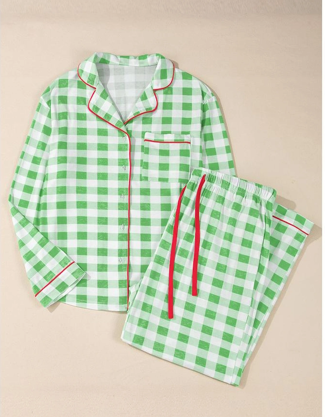 Green Plaid Print Contrast Trim Long Sleeve Plus Size Pajama Set
