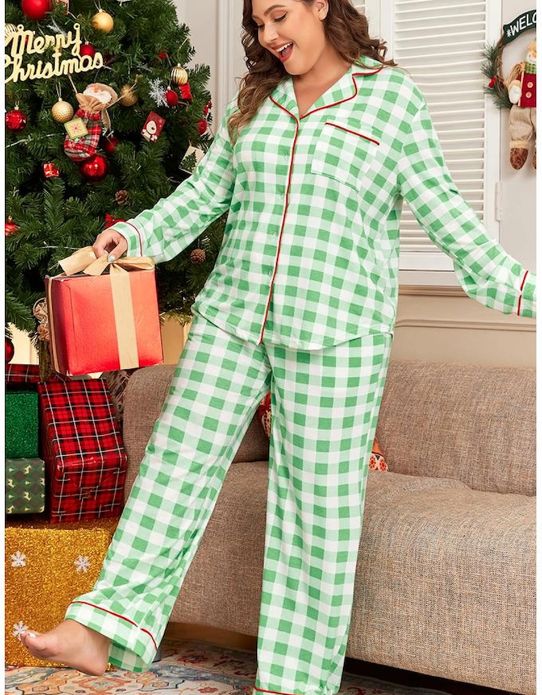 Green Plaid Print Contrast Trim Long Sleeve Plus Size Pajama Set