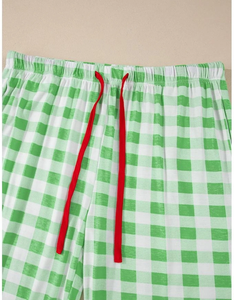 Green Plaid Print Contrast Trim Long Sleeve Plus Size Pajama Set