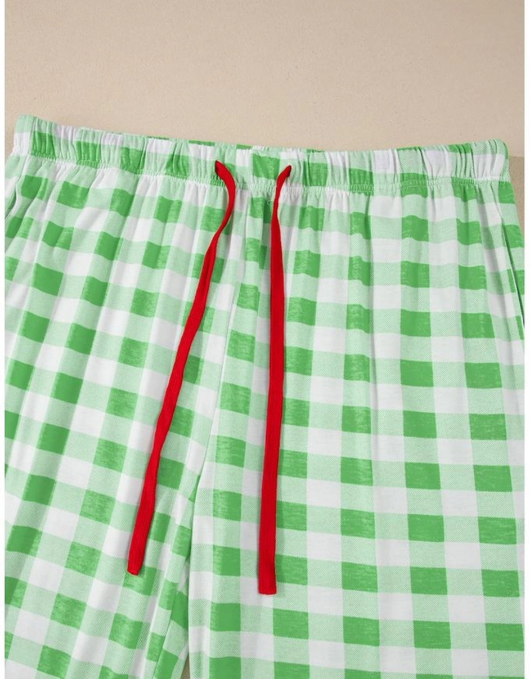 Green Plaid Print Contrast Trim Long Sleeve Plus Size Pajama Set