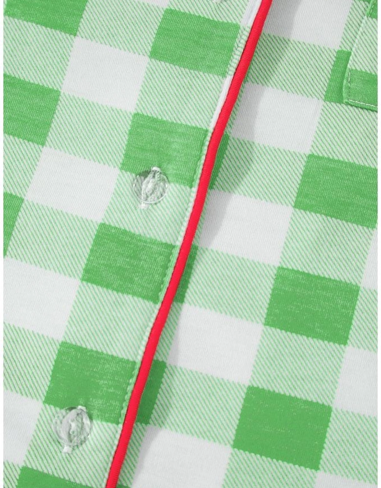 Green Plaid Print Contrast Trim Long Sleeve Plus Size Pajama Set