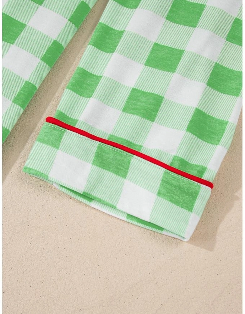 Green Plaid Print Contrast Trim Long Sleeve Plus Size Pajama Set